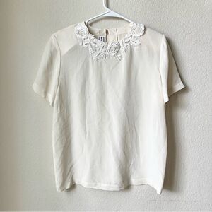 Westbound 100% Silk Vintage 90s Classy Embroidered Preppy Short Sleeve Blouse S